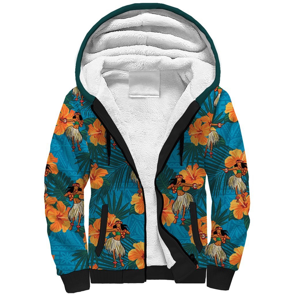 Hawaii Luau Party Sherpa Hoodie Dancing Girl Tropical Flowers LT14 Unisex Blue - Polynesian Pride
