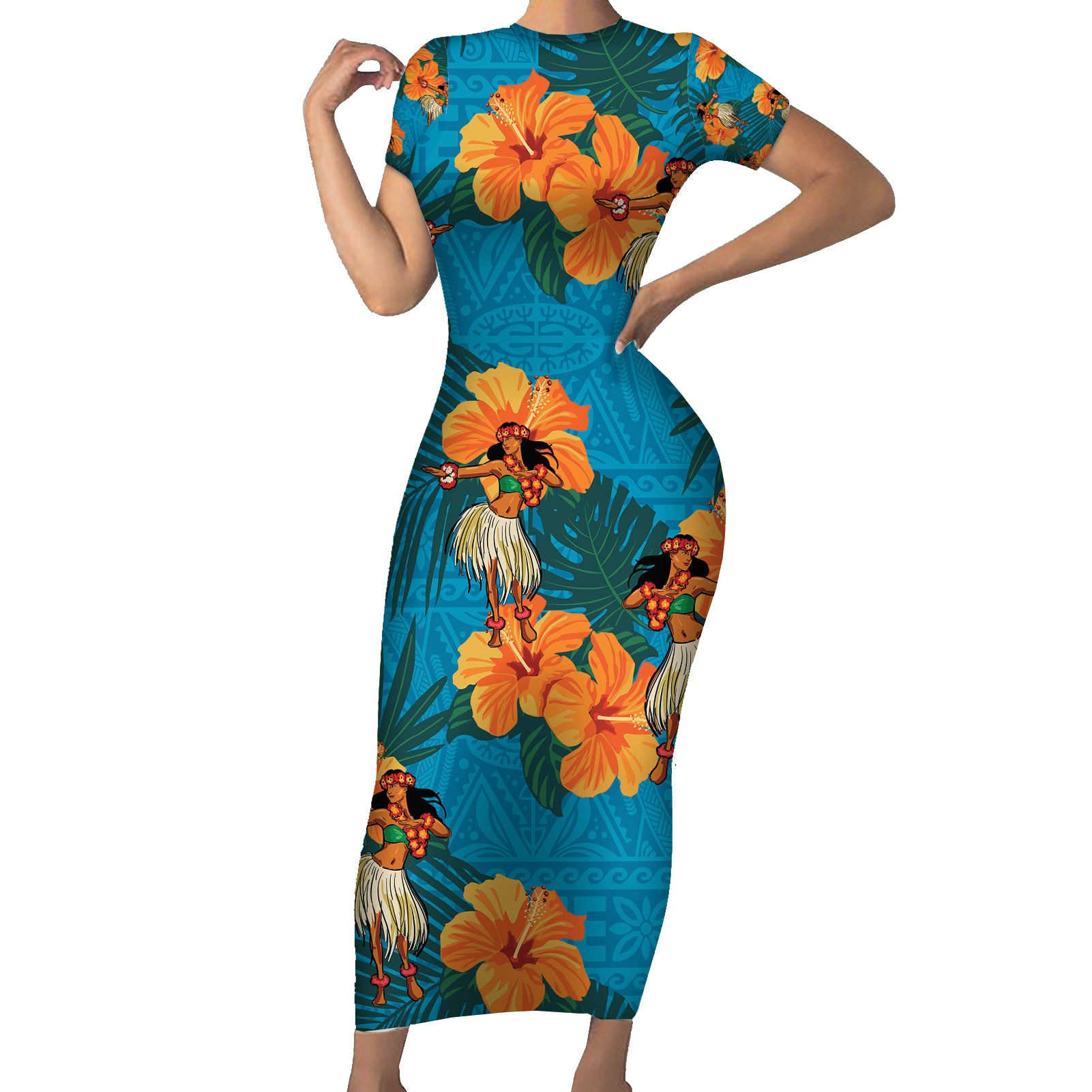 Hawaii Luau Party Short Sleeve Bodycon Dress Dancing Girl Tropical Flowers LT14 Long Dress Blue - Polynesian Pride