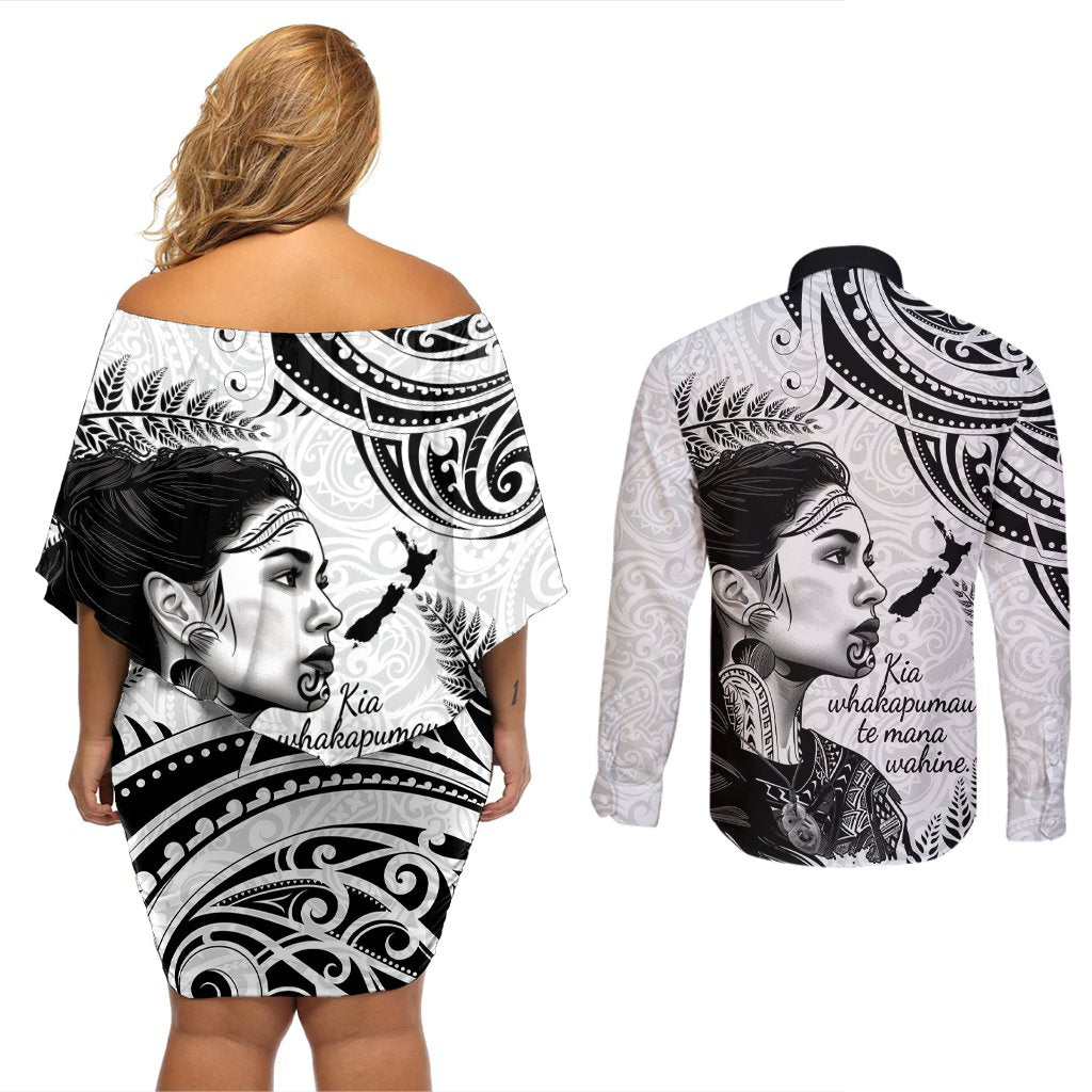New Zealand Women's Day Couples Matching Off Shoulder Short Dress and Long Sleeve Button Shirt Aotearoa Kia Whakapumau Te Mana Wahine LT14 - Polynesian Pride