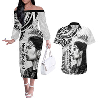 New Zealand Women's Day Couples Matching Off The Shoulder Long Sleeve Dress and Hawaiian Shirt Aotearoa Kia Whakapumau Te Mana Wahine LT14 White - Polynesian Pride