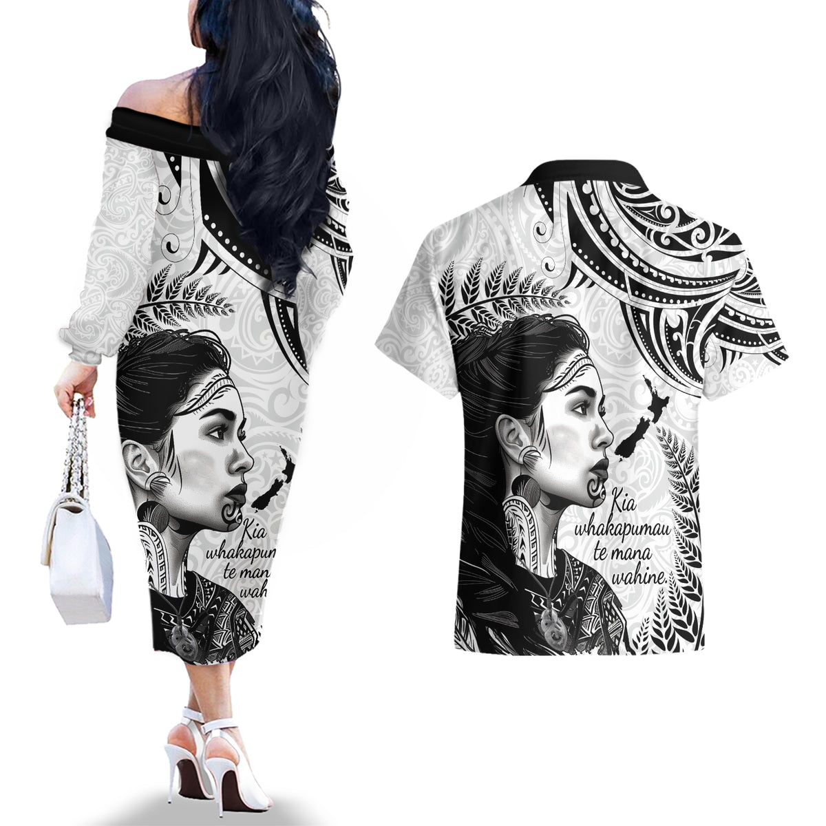 New Zealand Women's Day Couples Matching Off The Shoulder Long Sleeve Dress and Hawaiian Shirt Aotearoa Kia Whakapumau Te Mana Wahine LT14 - Polynesian Pride