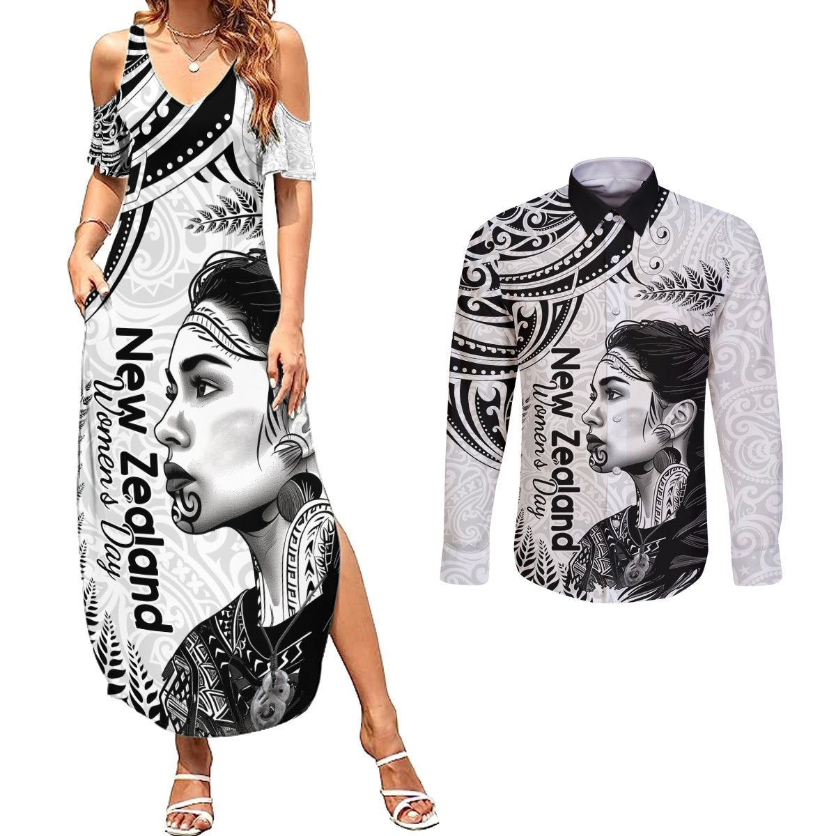New Zealand Women's Day Couples Matching Summer Maxi Dress and Long Sleeve Button Shirt Aotearoa Kia Whakapumau Te Mana Wahine LT14 White - Polynesian Pride