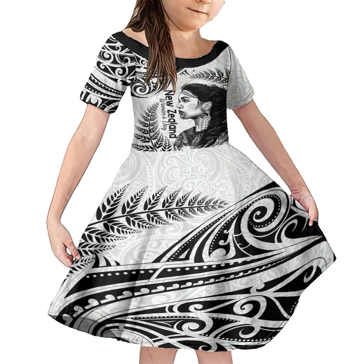 New Zealand Women's Day Family Matching Off Shoulder Long Sleeve Dress and Hawaiian Shirt Aotearoa Kia Whakapumau Te Mana Wahine LT14 Daughter's Dress White - Polynesian Pride