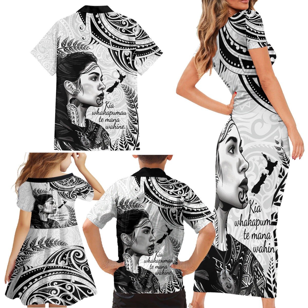 New Zealand Women's Day Family Matching Short Sleeve Bodycon Dress and Hawaiian Shirt Aotearoa Kia Whakapumau Te Mana Wahine LT14 - Polynesian Pride