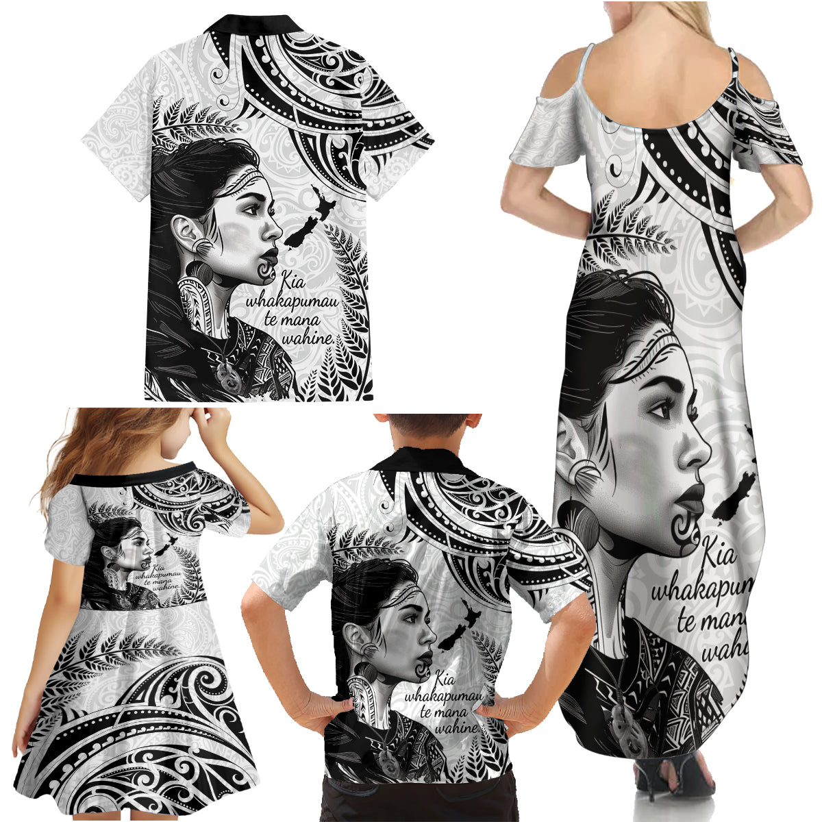 New Zealand Women's Day Family Matching Summer Maxi Dress and Hawaiian Shirt Aotearoa Kia Whakapumau Te Mana Wahine LT14 - Polynesian Pride