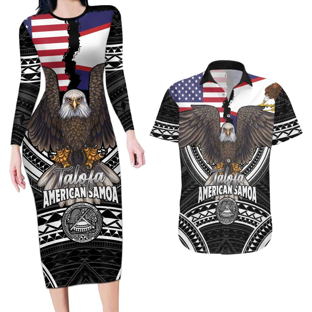 Talofa American Samoa Flag Day Couples Matching Long Sleeve Bodycon Dress and Hawaiian Shirt Bald Eagle Polynesian Tattoo