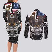 Talofa American Samoa Flag Day Couples Matching Long Sleeve Bodycon Dress and Long Sleeve Button Shirt Bald Eagle Polynesian Tattoo