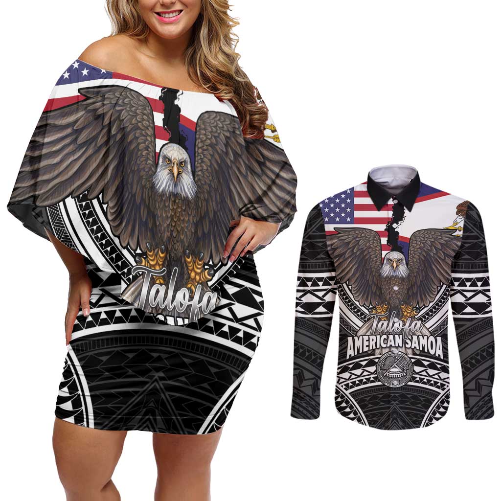 Talofa American Samoa Flag Day Couples Matching Off Shoulder Short Dress and Long Sleeve Button Shirt Bald Eagle Polynesian Tattoo