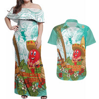 Hawaii Cinco de Mayo Couples Matching Off Shoulder Maxi Dress and Hawaiian Shirt Chili Pepper Hula Girl Tropical Vibes