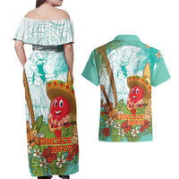 Hawaii Cinco de Mayo Couples Matching Off Shoulder Maxi Dress and Hawaiian Shirt Chili Pepper Hula Girl Tropical Vibes