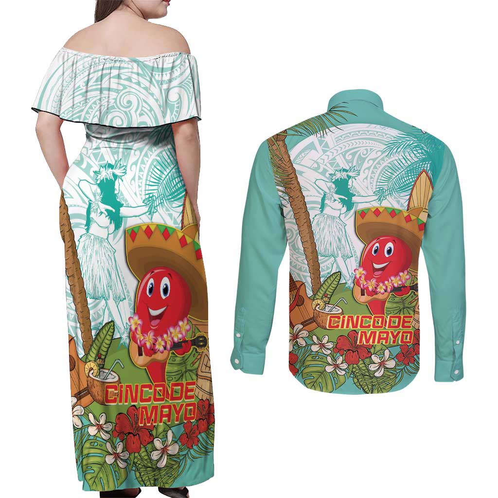 Hawaii Cinco de Mayo Couples Matching Off Shoulder Maxi Dress and Long Sleeve Button Shirt Chili Pepper Hula Girl Tropical Vibes