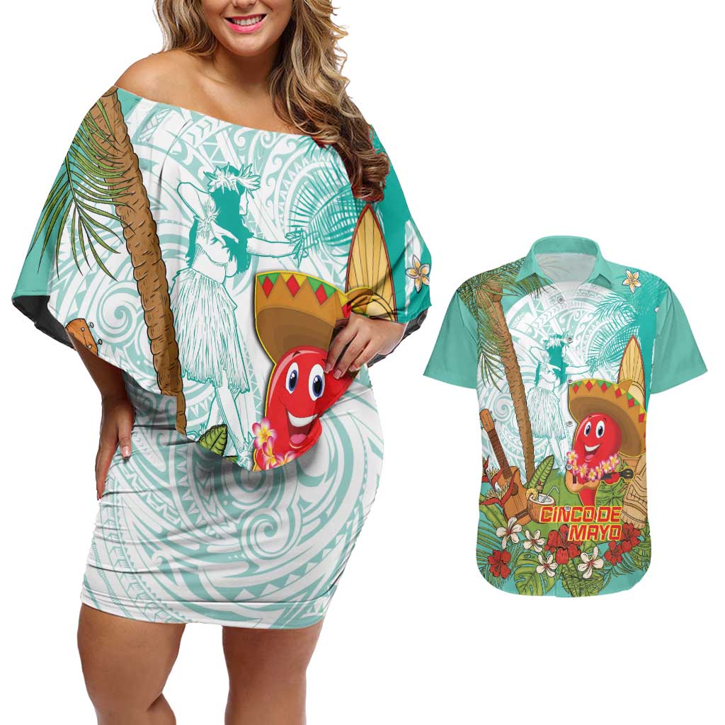 Hawaii Cinco de Mayo Couples Matching Off Shoulder Short Dress and Hawaiian Shirt Chili Pepper Hula Girl Tropical Vibes