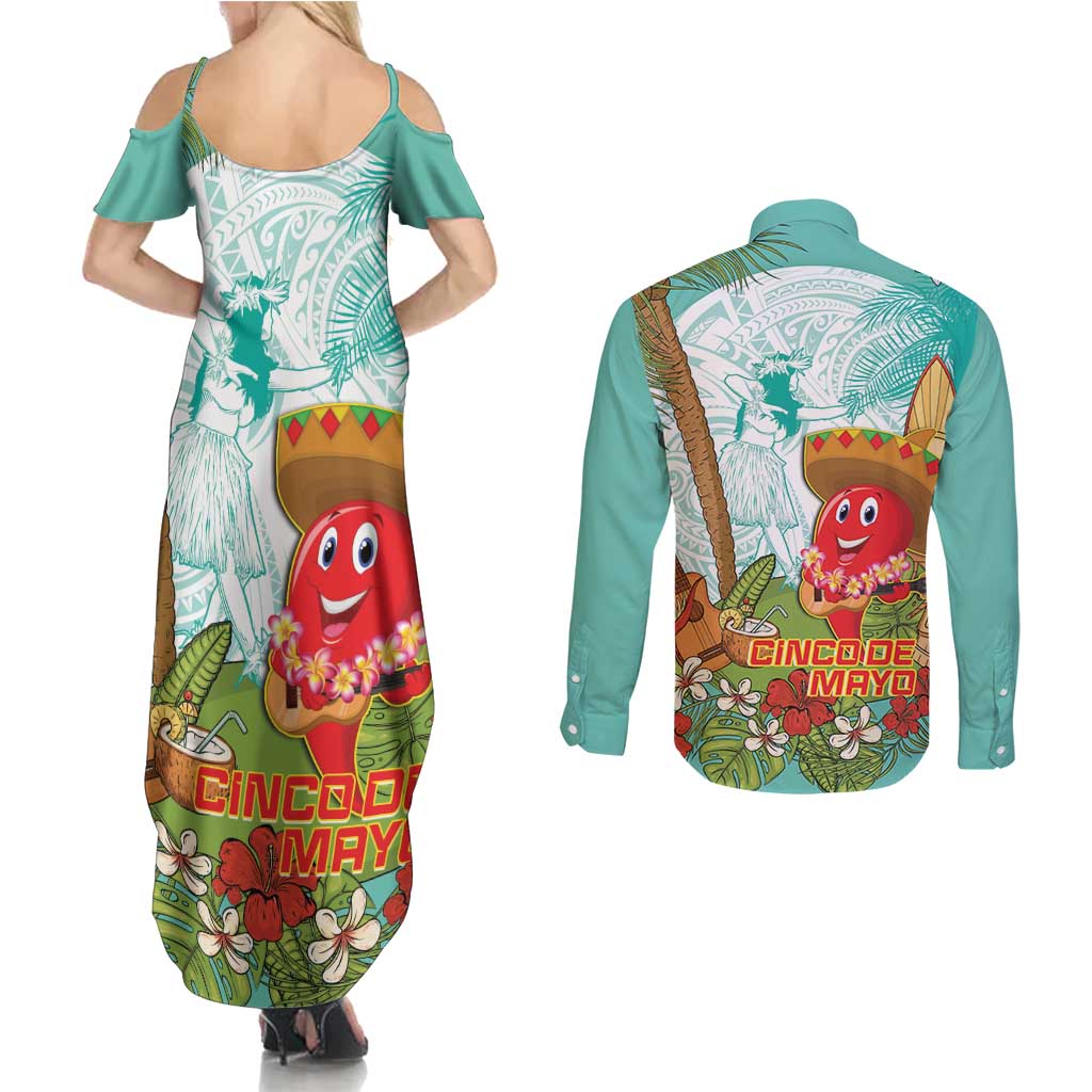 Hawaii Cinco de Mayo Couples Matching Summer Maxi Dress and Long Sleeve Button Shirt Chili Pepper Hula Girl Tropical Vibes
