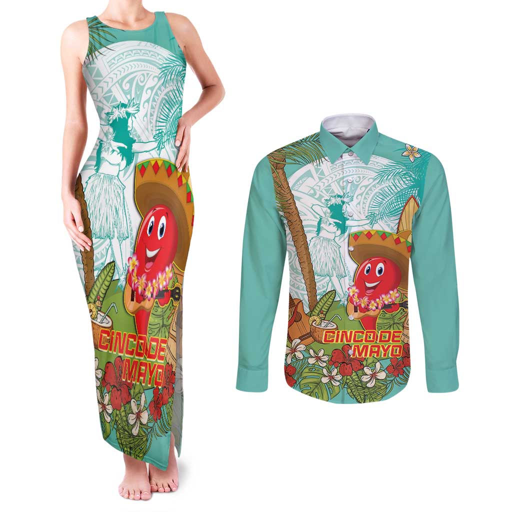 Hawaii Cinco de Mayo Couples Matching Tank Maxi Dress and Long Sleeve Button Shirt Chili Pepper Hula Girl Tropical Vibes