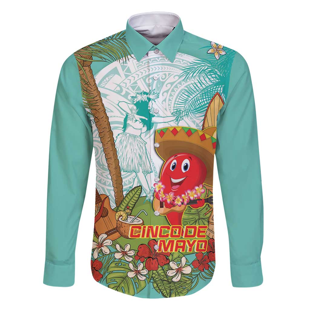 Hawaii Cinco de Mayo Family Matching Mermaid Dress and Hawaiian Shirt Chili Pepper Hula Girl Tropical Vibes LT14 Dad's Shirt - Long Sleeve Turquoise - Polynesian Pride