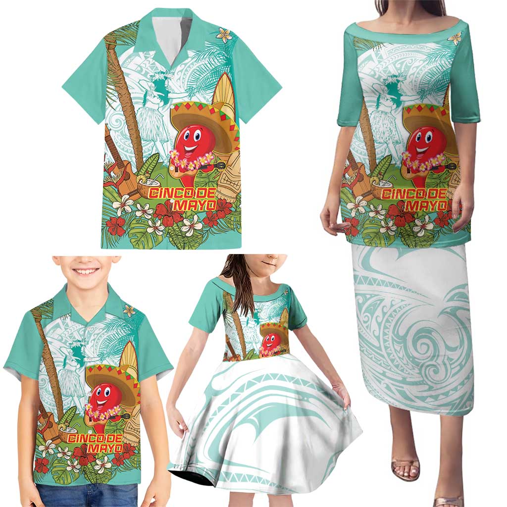Hawaii Cinco de Mayo Family Matching Puletasi and Hawaiian Shirt Chili Pepper Hula Girl Tropical Vibes