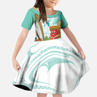 Hawaii Cinco de Mayo Family Matching Short Sleeve Bodycon Dress and Hawaiian Shirt Chili Pepper Hula Girl Tropical Vibes LT14 Daughter's Dress Turquoise - Polynesian Pride