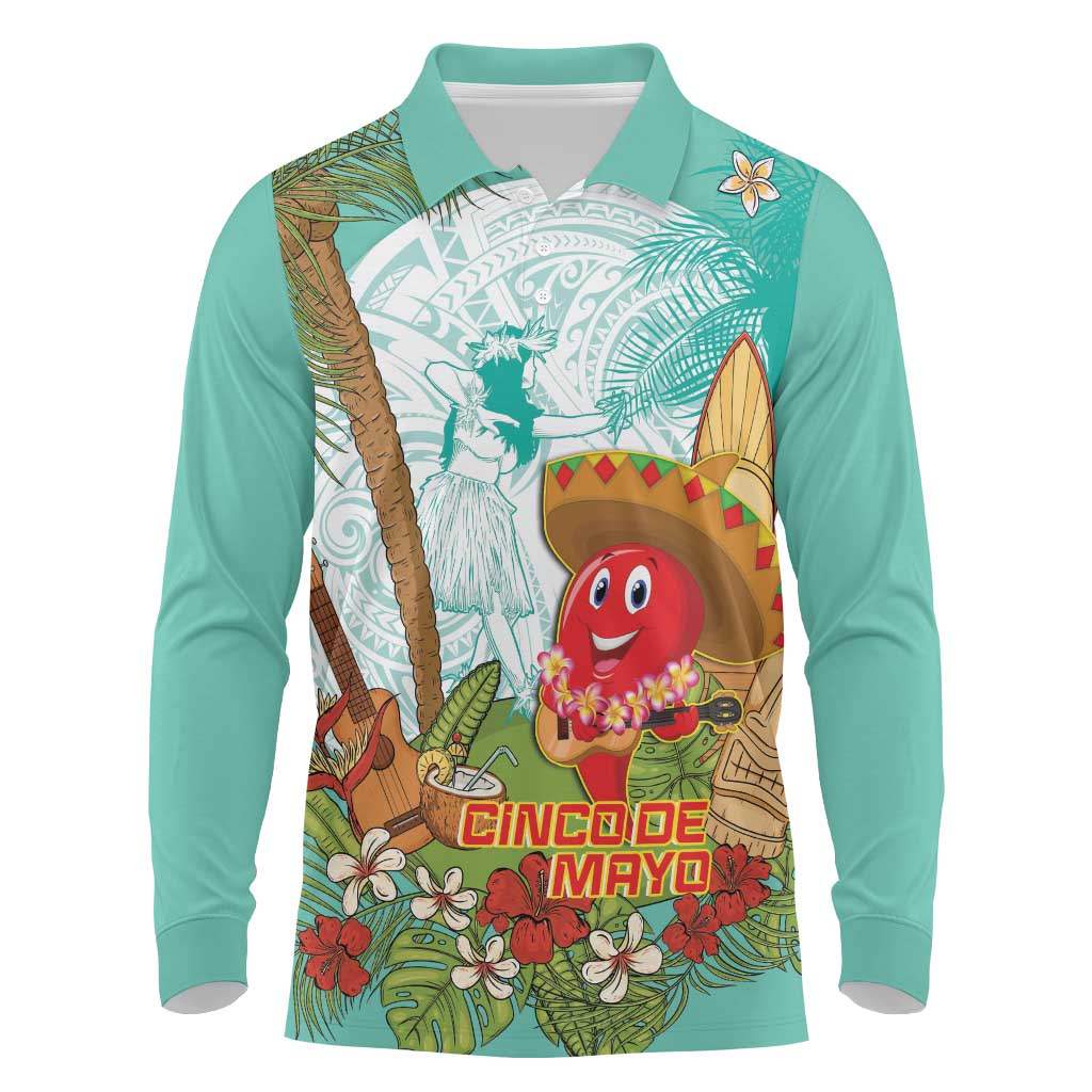 Hawaii Cinco de Mayo Long Sleeve Polo Shirt Chili Pepper Hula Girl Tropical Vibes
