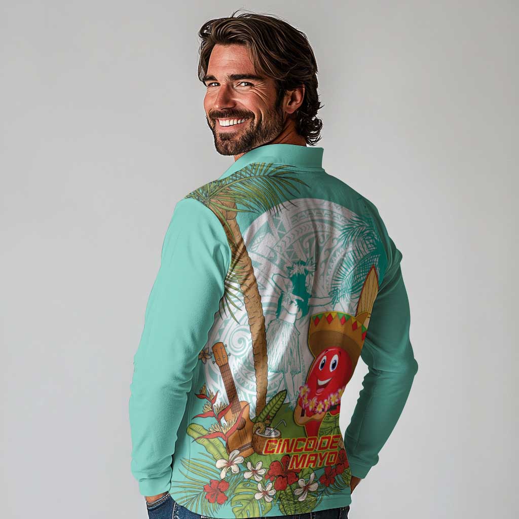 Hawaii Cinco de Mayo Long Sleeve Polo Shirt Chili Pepper Hula Girl Tropical Vibes