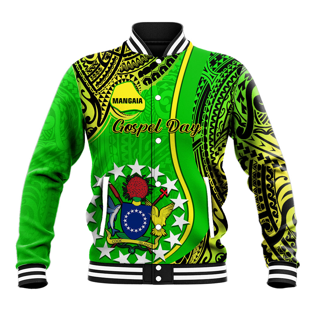 Personalised Cook Islands Baseball Jacket Mangaia Gospel Day Green Version LT14 Unisex Green - Polynesian Pride
