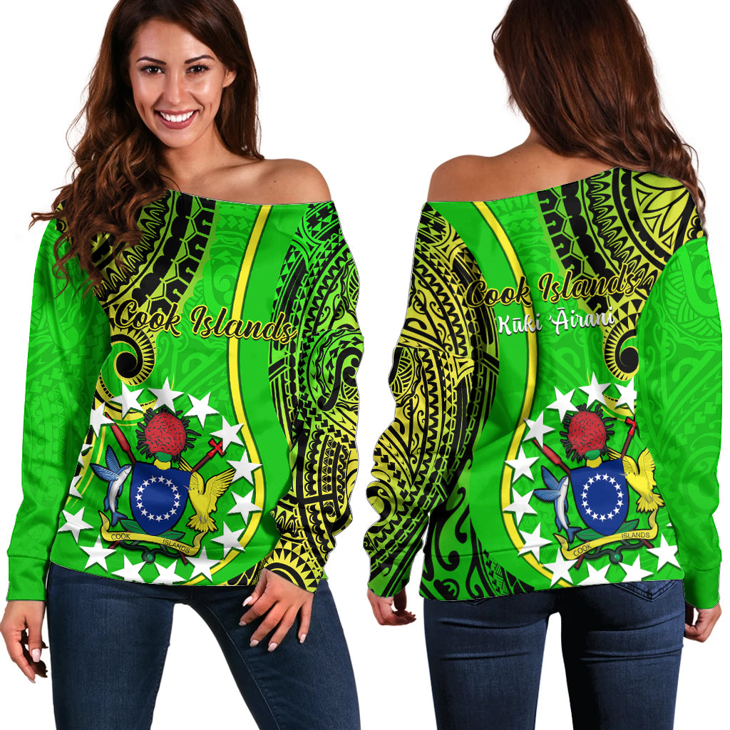 Polynesian Pride Cook Islands Off Shoulder Sweater Kuki Airani Coat Of Arms LT14 Women Green - Polynesian Pride
