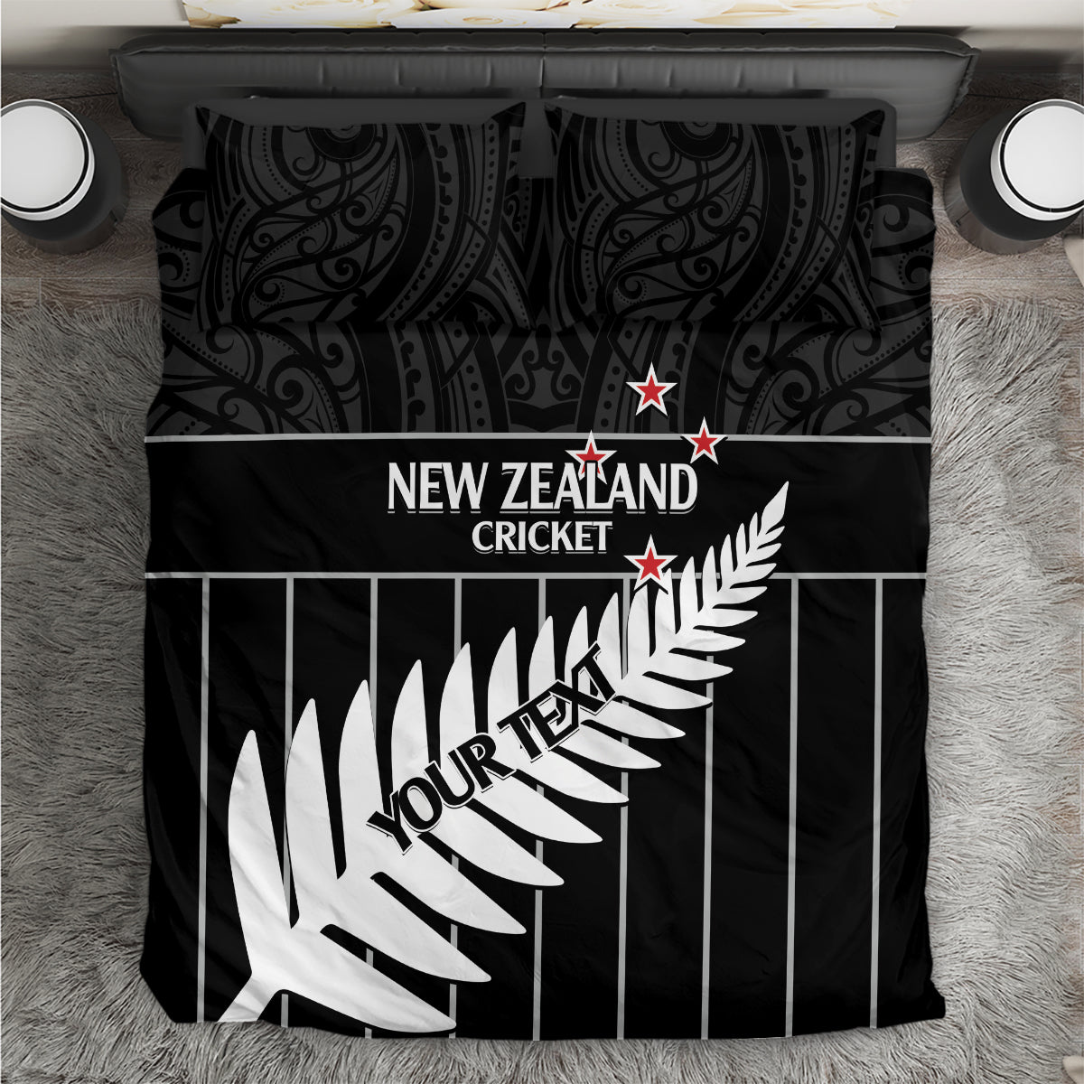 Custom New Zealand Silver Fern Cricket Bedding Set Aotearoa Maori Go Black Cap