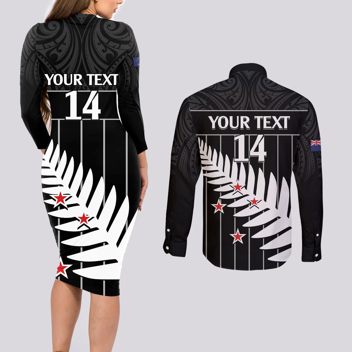 Custom New Zealand Silver Fern Cricket Couples Matching Long Sleeve Bodycon Dress and Long Sleeve Button Shirt Aotearoa Maori Go Black Cap LT14 - Polynesian Pride