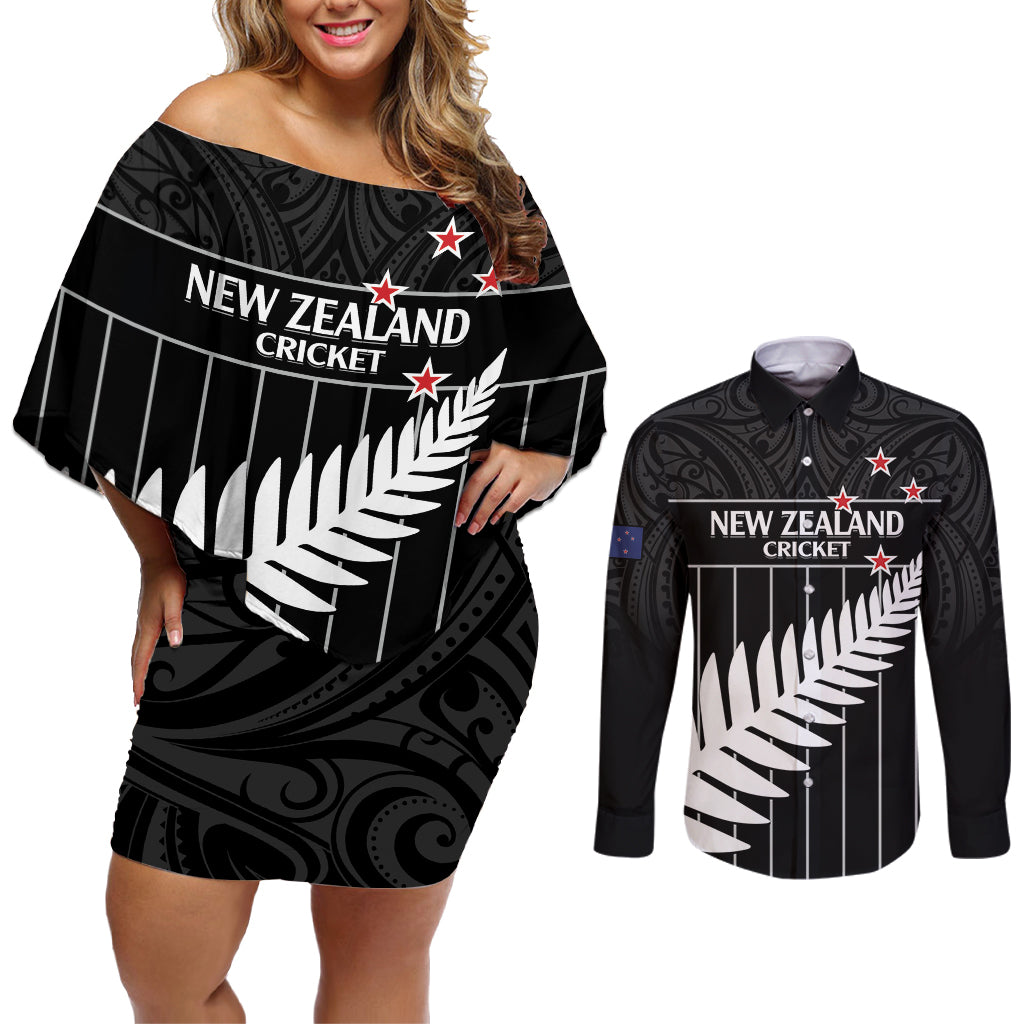 Custom New Zealand Silver Fern Cricket Couples Matching Off Shoulder Short Dress and Long Sleeve Button Shirt Aotearoa Maori Go Black Cap LT14 Black - Polynesian Pride