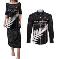 Custom New Zealand Silver Fern Cricket Couples Matching Puletasi and Long Sleeve Button Shirt Aotearoa Maori Go Black Cap LT14 Black - Polynesian Pride