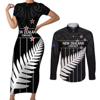 Custom New Zealand Silver Fern Cricket Couples Matching Short Sleeve Bodycon Dress and Long Sleeve Button Shirt Aotearoa Maori Go Black Cap LT14 Black - Polynesian Pride