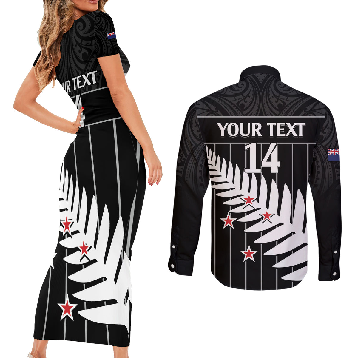 Custom New Zealand Silver Fern Cricket Couples Matching Short Sleeve Bodycon Dress and Long Sleeve Button Shirt Aotearoa Maori Go Black Cap LT14 - Polynesian Pride