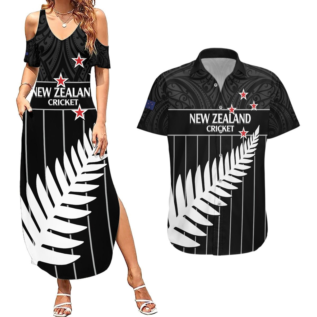 Custom New Zealand Silver Fern Cricket Couples Matching Summer Maxi Dress and Hawaiian Shirt Aotearoa Maori Go Black Cap LT14 Black - Polynesian Pride