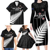 Custom New Zealand Silver Fern Cricket Family Matching Long Sleeve Bodycon Dress and Hawaiian Shirt Aotearoa Maori Go Black Cap LT14 - Polynesian Pride