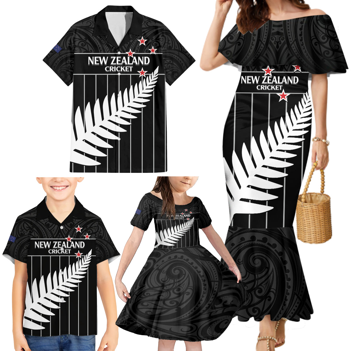 Custom New Zealand Silver Fern Cricket Family Matching Mermaid Dress and Hawaiian Shirt Aotearoa Maori Go Black Cap LT14 - Polynesian Pride