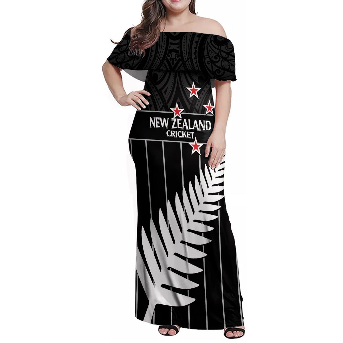 Custom New Zealand Silver Fern Cricket Family Matching Off Shoulder Maxi Dress and Hawaiian Shirt Aotearoa Maori Go Black Cap