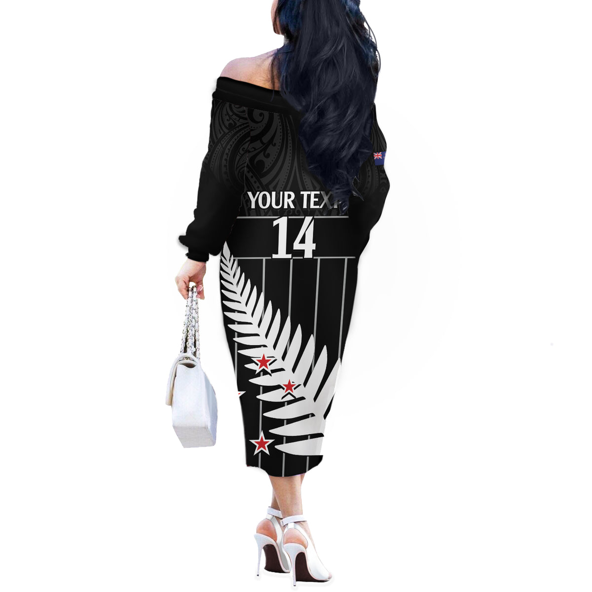 Custom New Zealand Silver Fern Cricket Off The Shoulder Long Sleeve Dress Aotearoa Maori Go Black Cap LT14 - Polynesian Pride