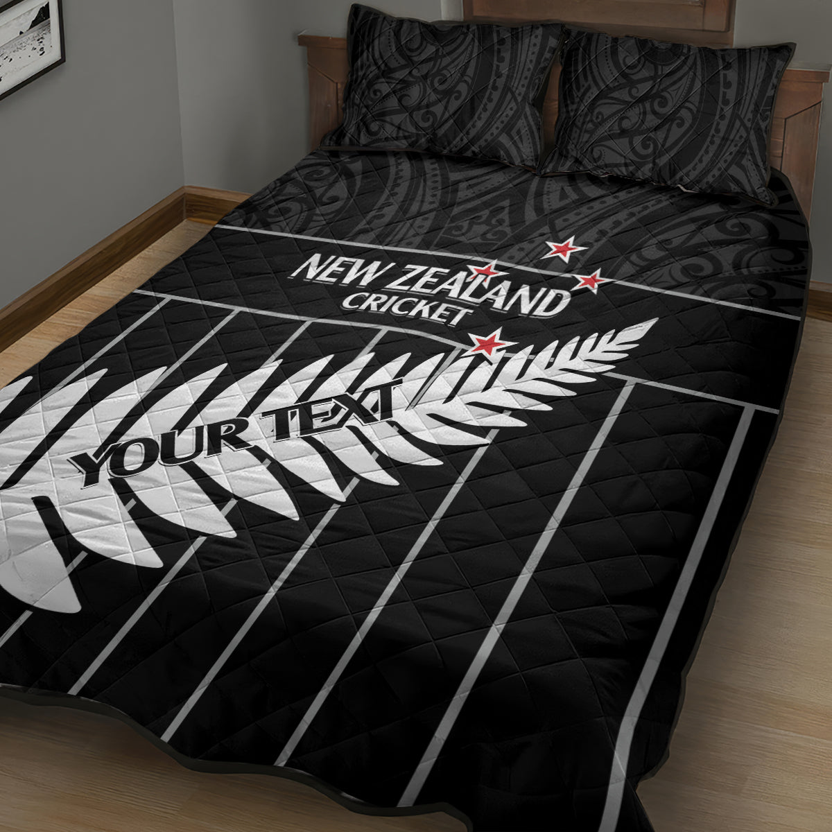 Custom New Zealand Silver Fern Cricket Quilt Bed Set Aotearoa Maori Go Black Cap