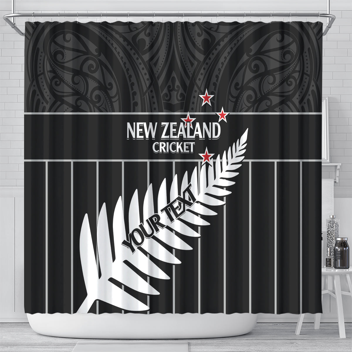 Custom New Zealand Silver Fern Cricket Shower Curtain Aotearoa Maori Go Black Cap