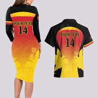 Custom Papua New Guinea Cricket Couples Matching Long Sleeve Bodycon Dress and Hawaiian Shirt 2024 Go PNG LT14 - Polynesian Pride
