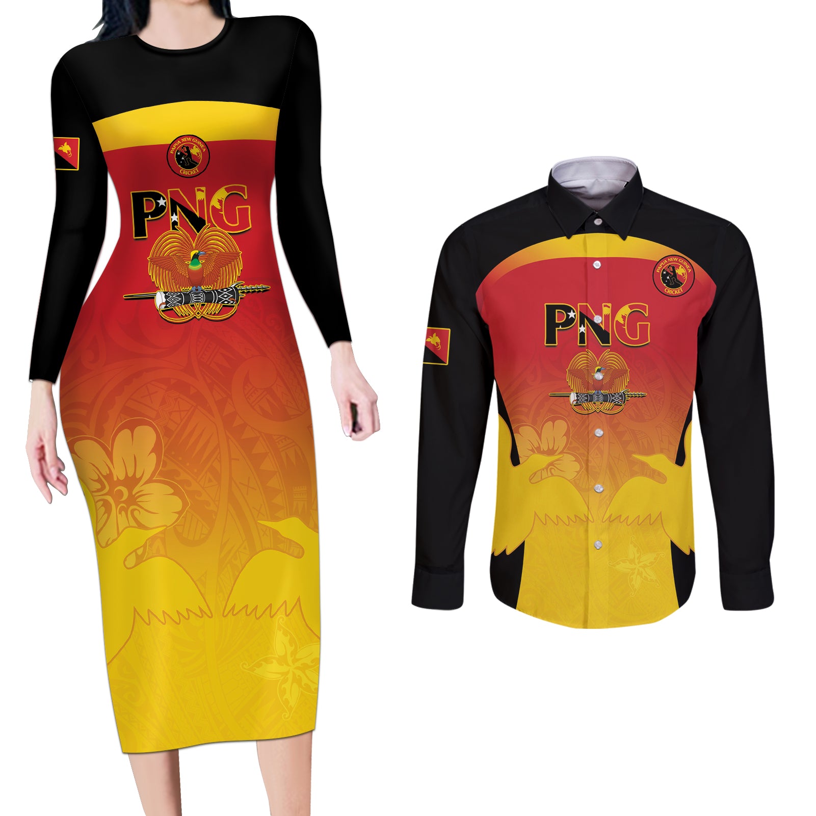 Custom Papua New Guinea Cricket Couples Matching Long Sleeve Bodycon Dress and Long Sleeve Button Shirt 2024 Go PNG