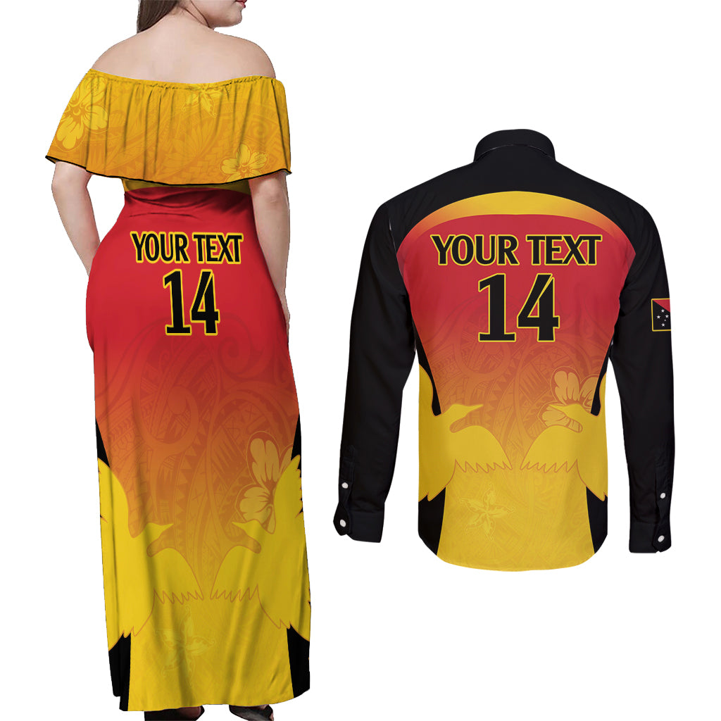 Custom Papua New Guinea Cricket Couples Matching Off Shoulder Maxi Dress and Long Sleeve Button Shirt 2024 Go PNG
