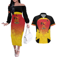 Custom Papua New Guinea Cricket Couples Matching Off The Shoulder Long Sleeve Dress and Hawaiian Shirt 2024 Go PNG