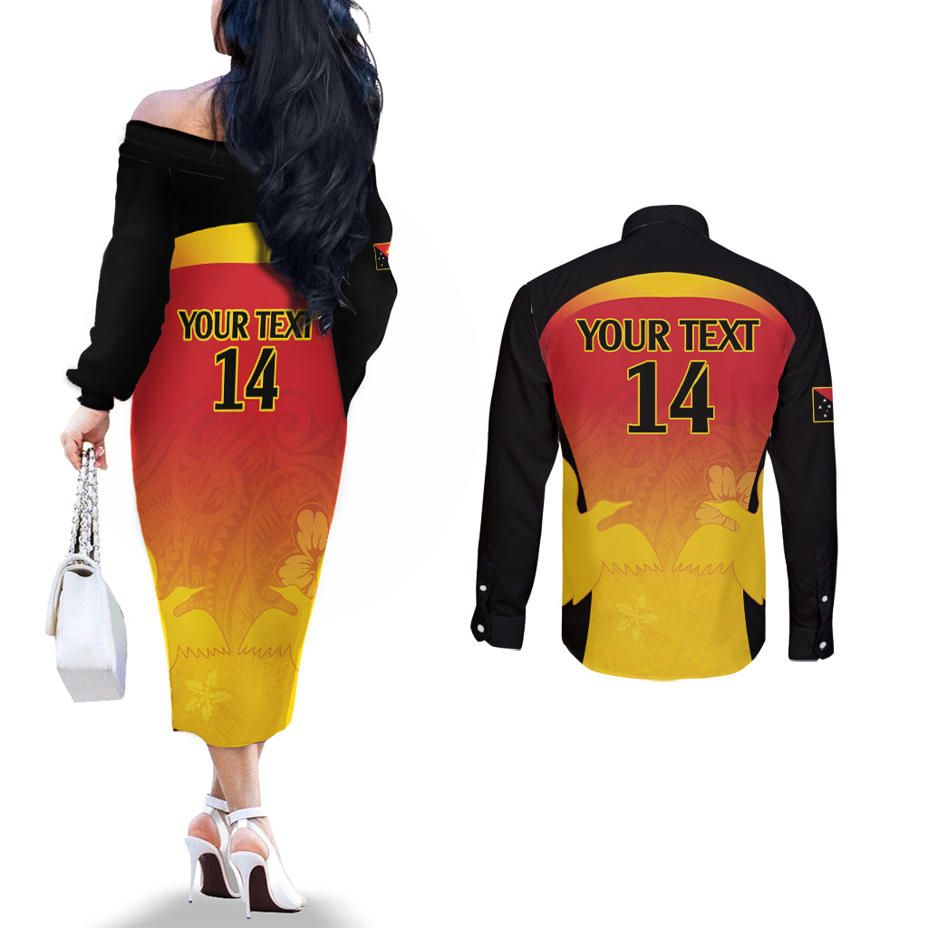 Custom Papua New Guinea Cricket Couples Matching Off The Shoulder Long Sleeve Dress and Long Sleeve Button Shirt 2024 Go PNG