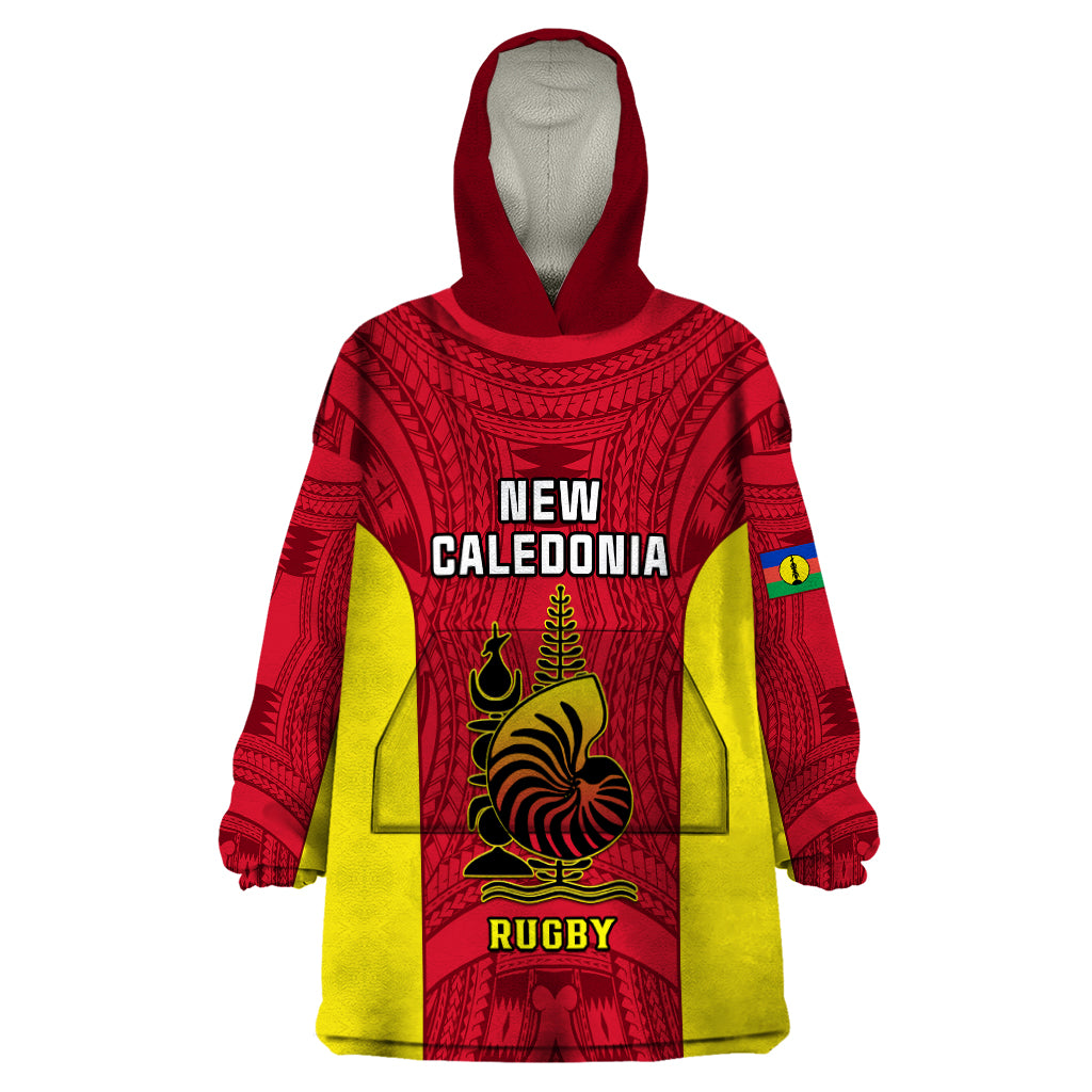 New Caledonia Rugby Wearable Blanket Hoodie Coat Of Arms Mix Polynesian Pattern LT14 One Size Red - Polynesian Pride