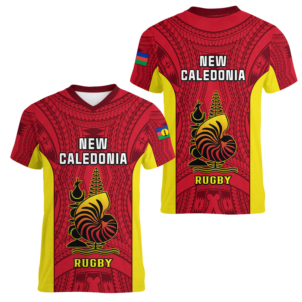New Caledonia Rugby Women V Neck T Shirt Coat Of Arms Mix Polynesian Pattern LT14 - Polynesian Pride