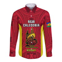 Personalised New Caledonia Rugby Long Sleeve Button Shirt Coat Of Arms Mix Polynesian Pattern LT14 Unisex Red - Polynesian Pride