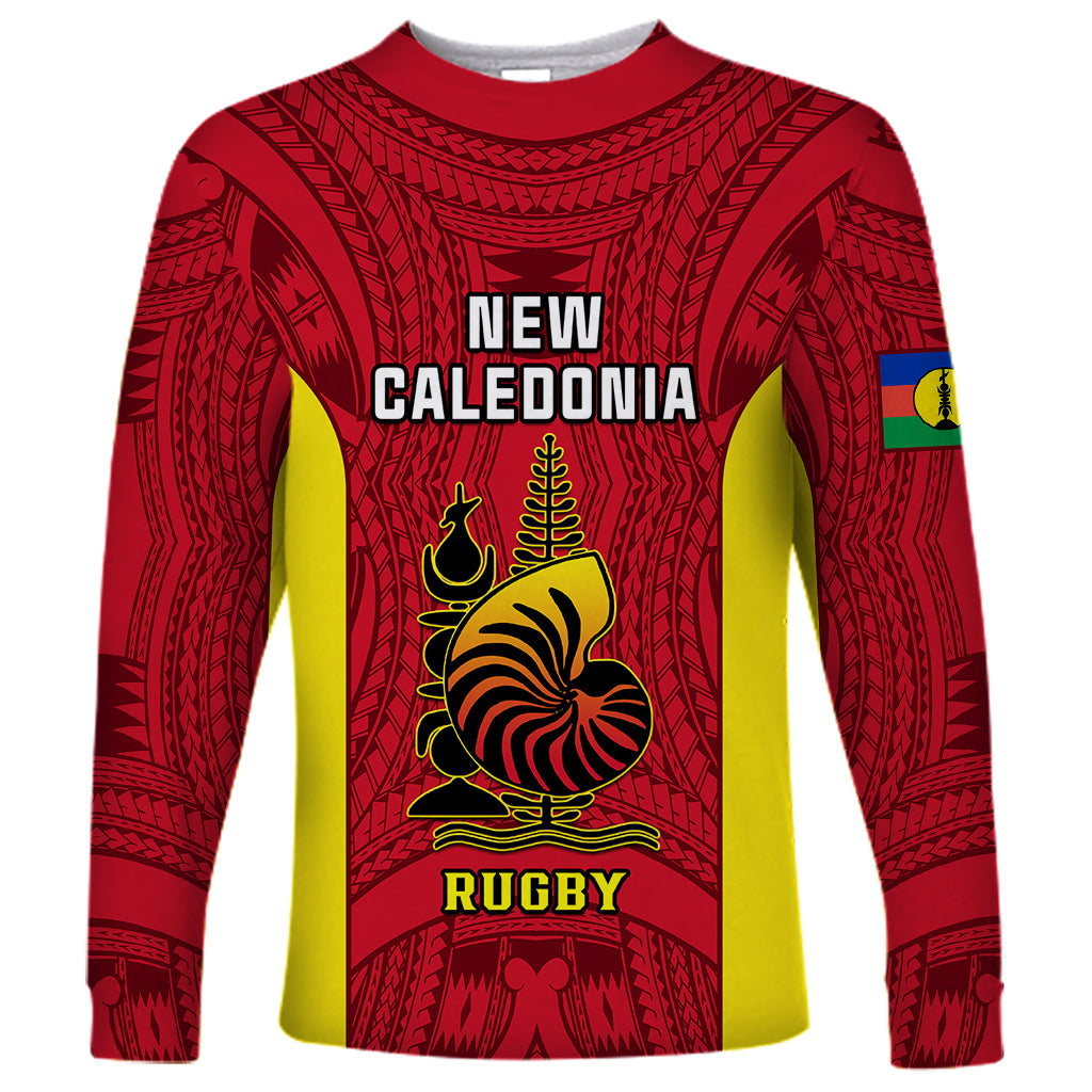 Personalised New Caledonia Rugby Long Sleeve Shirt Coat Of Arms Mix Polynesian Pattern LT14 Unisex Red - Polynesian Pride