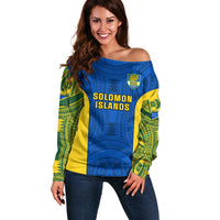 Personalised Solomon Islands Rugby Off Shoulder Sweater Pacific Go Solies LT14 Women Blue - Polynesian Pride