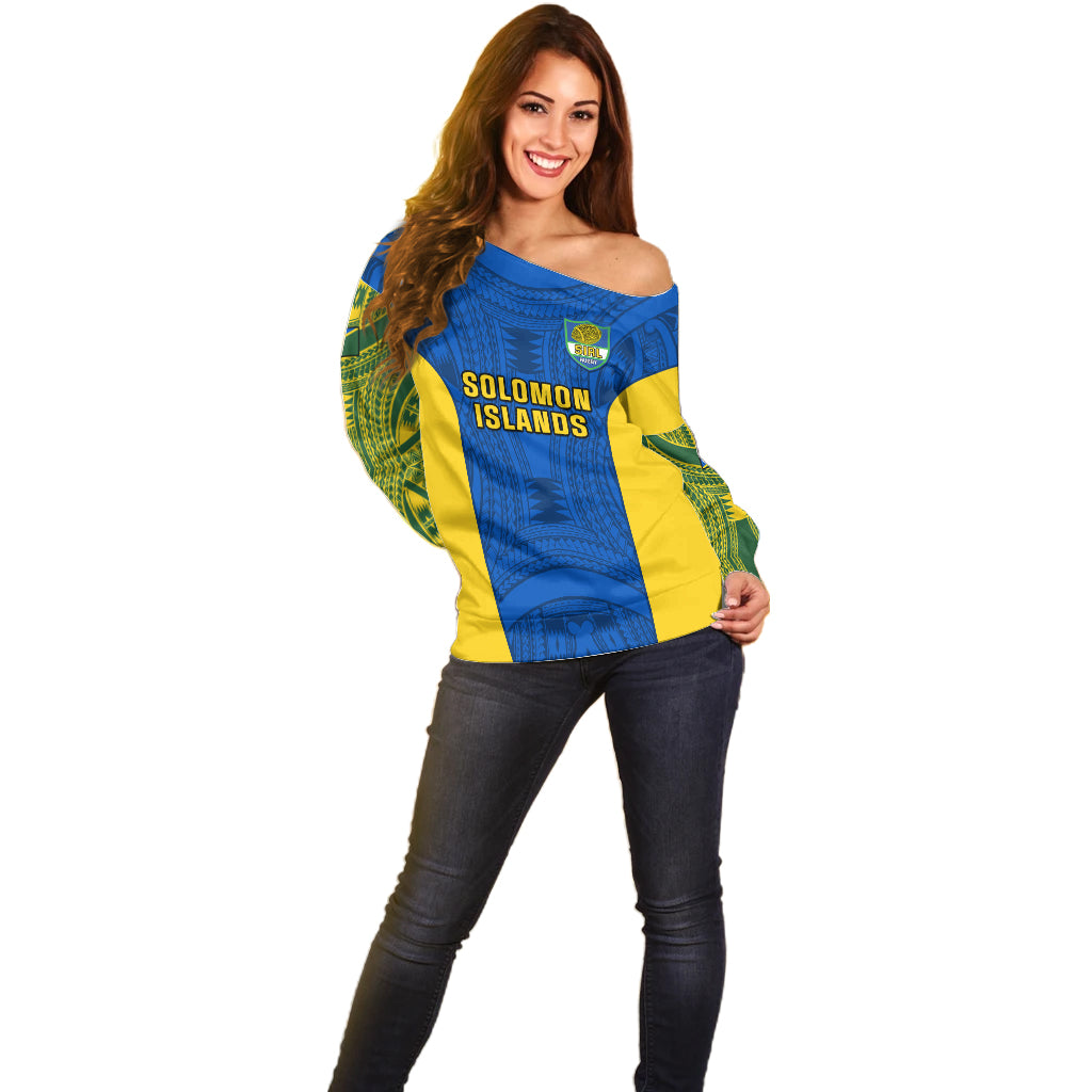 Personalised Solomon Islands Rugby Off Shoulder Sweater Pacific Go Solies LT14 - Polynesian Pride