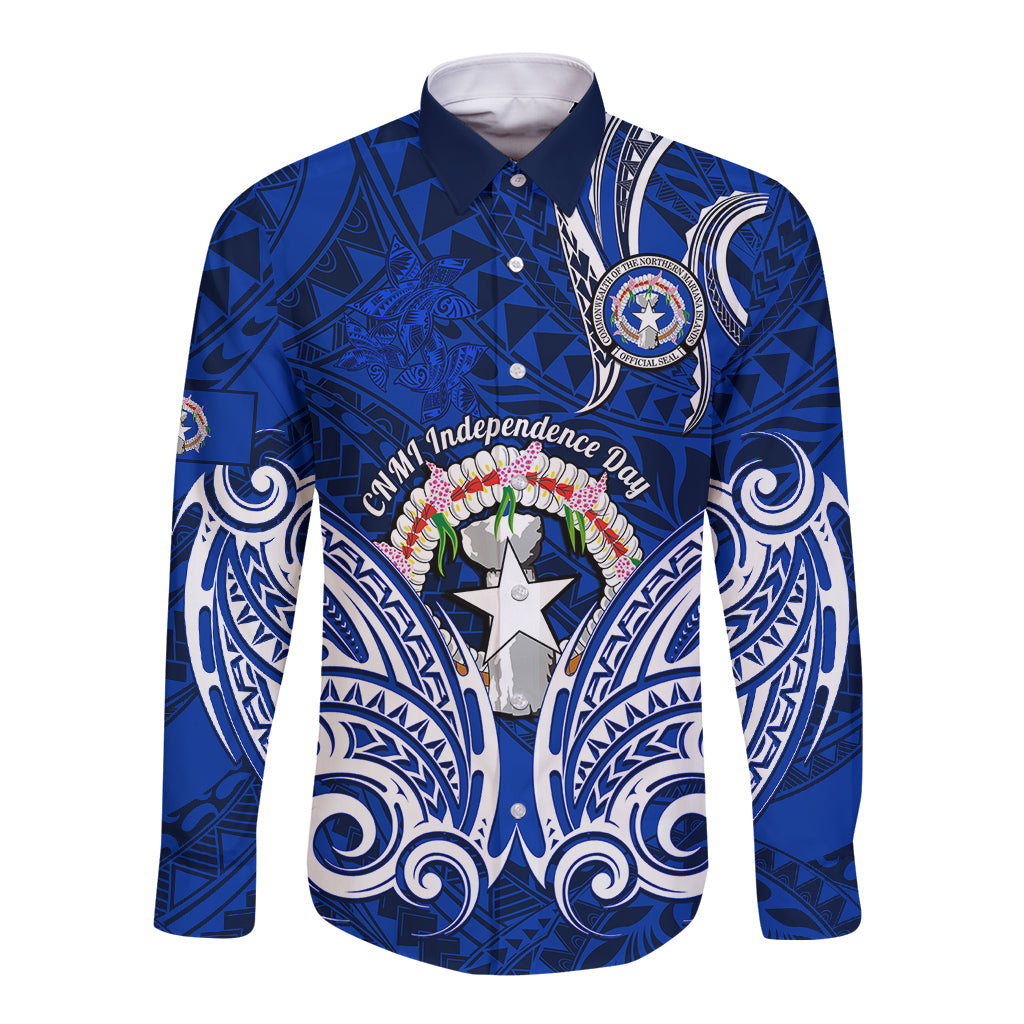 Personalised Independence Day CNMI Long Sleeve Button Shirt Northern Mariana Islands Tribal Tattoo Pattern LT14 Unisex Blue - Polynesian Pride